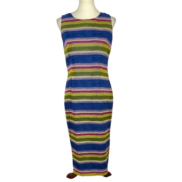 Adrianna Papell Dress Womens 8P 100% Silk Rainbow Watercolor‎ Striped Hemmed - Picture 1 of 12
